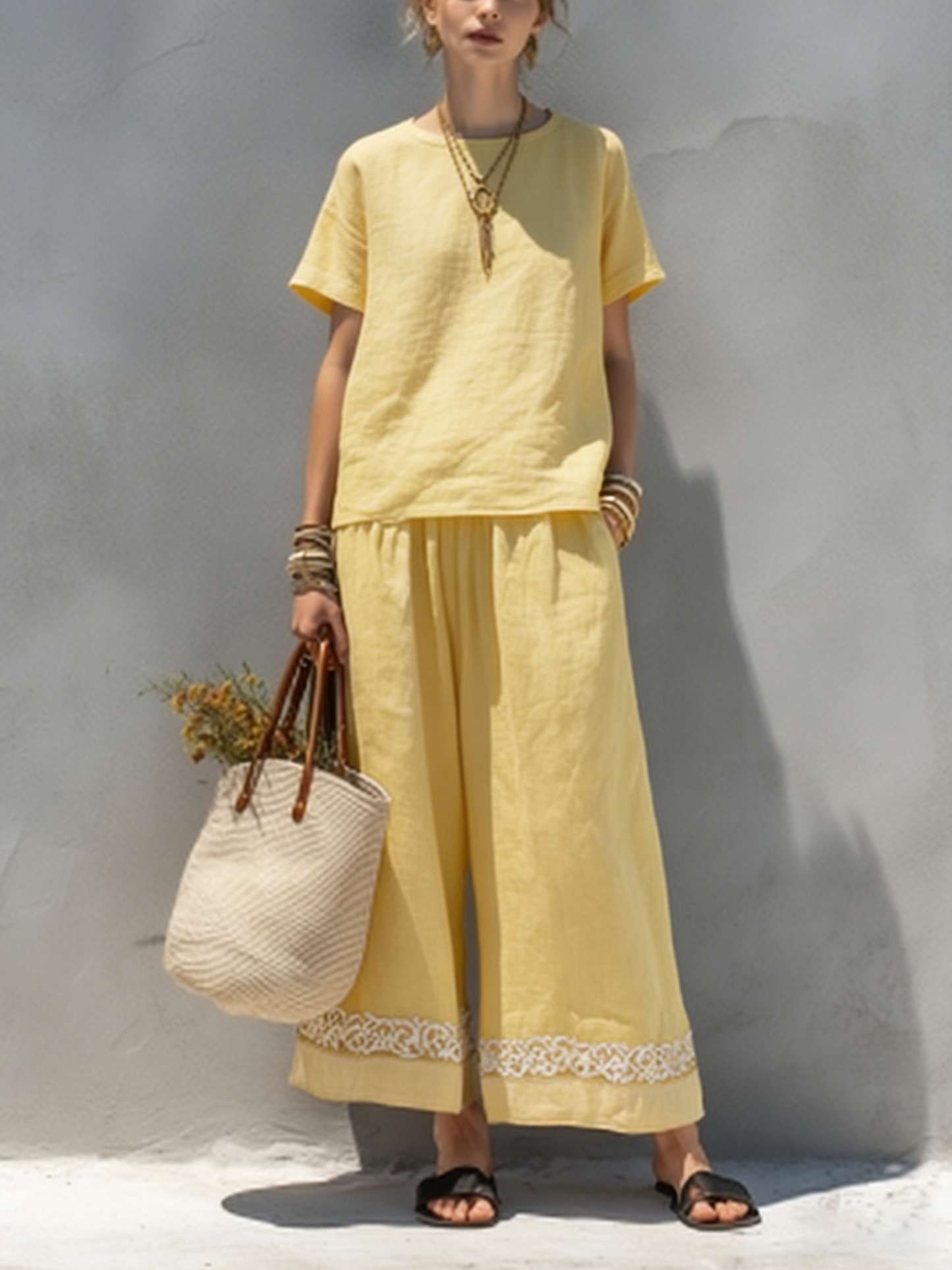 Women's Casual Summer Washed Cotton Top Pants Set