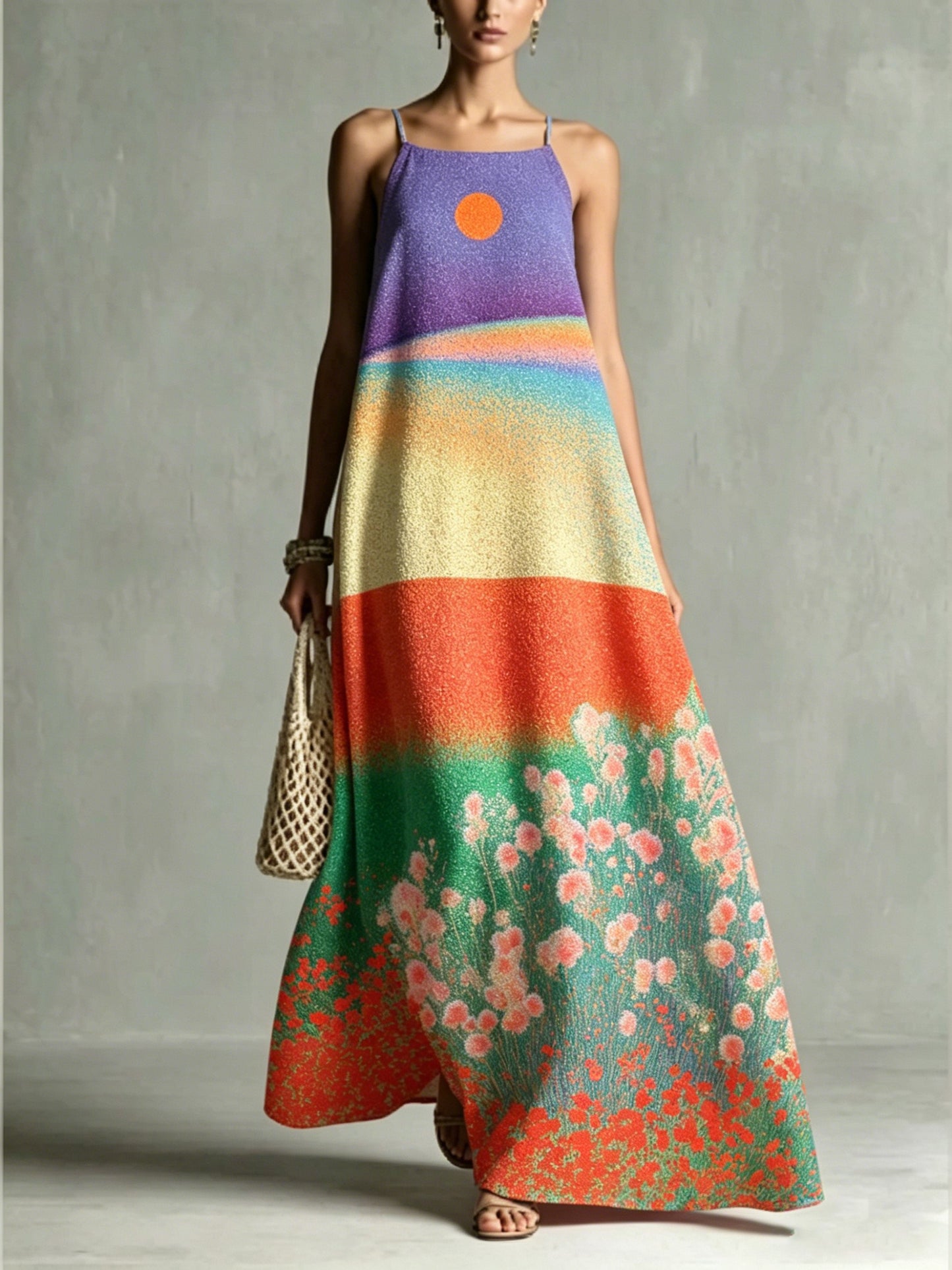 Women's Loose Romantic Print Pleated Spaghetti-Neck Maxi Dresses