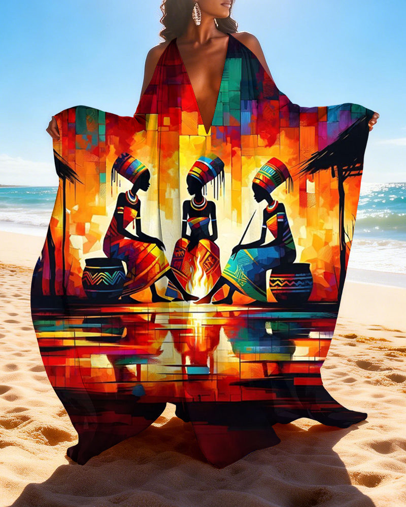 Retro Tribal Oil Painting Off-shoulder V-neck Long Kaftan Dress