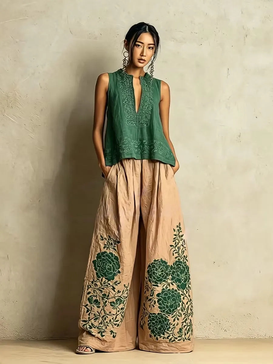 Women's Spring/Summer Cotton Linen Casual Vacation Two-Piece Set.