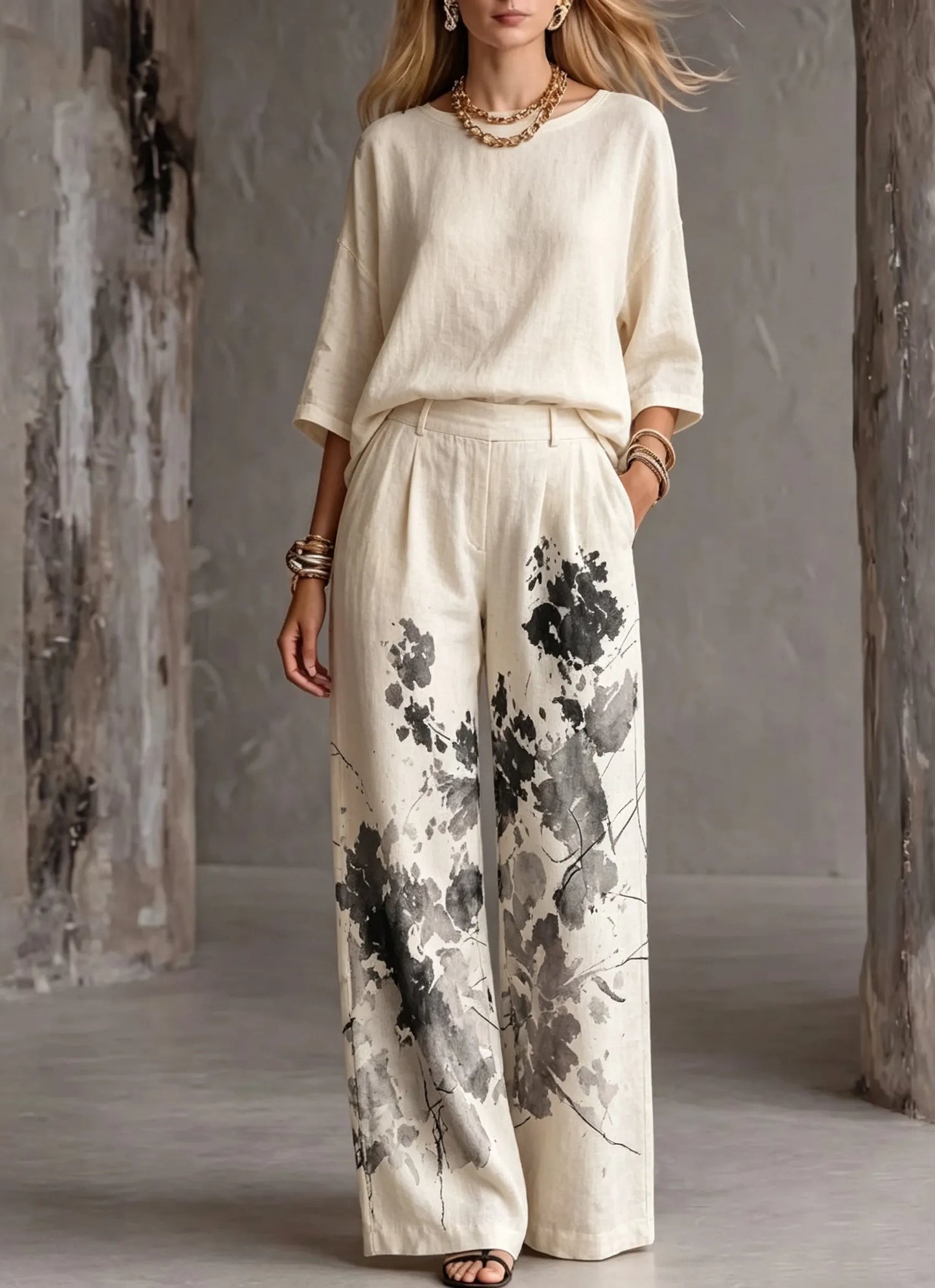 Women's Casual Top Cotton and Linen Wide Pants Two-piece Set