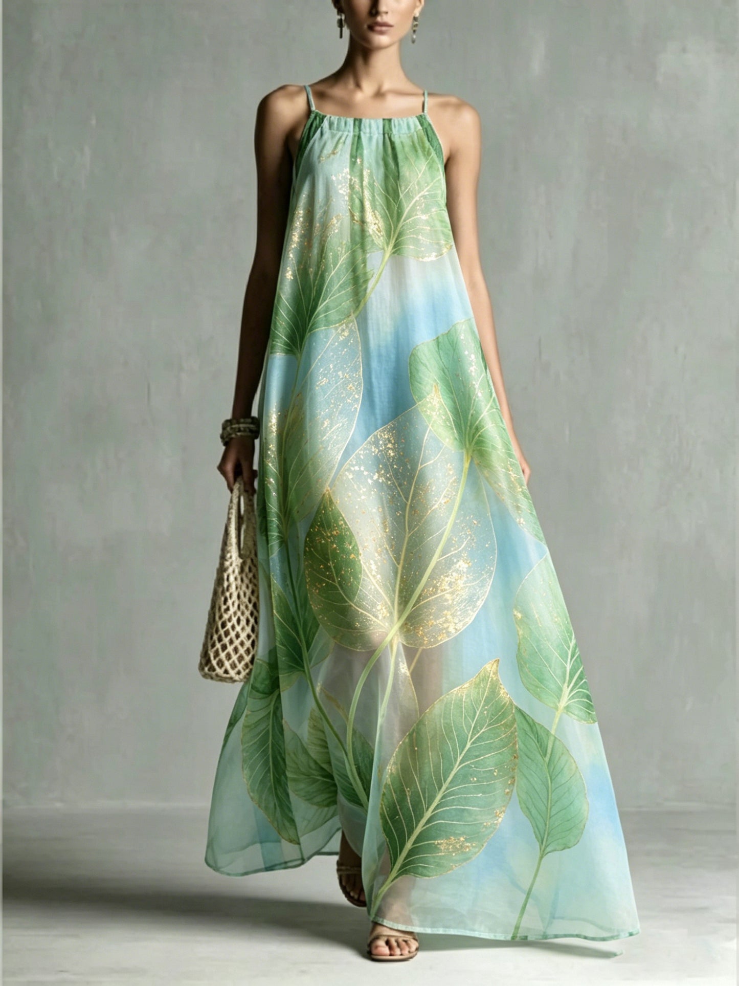 Women's Loose Romantic Print Pleated Spaghetti-Neck Maxi Dresses