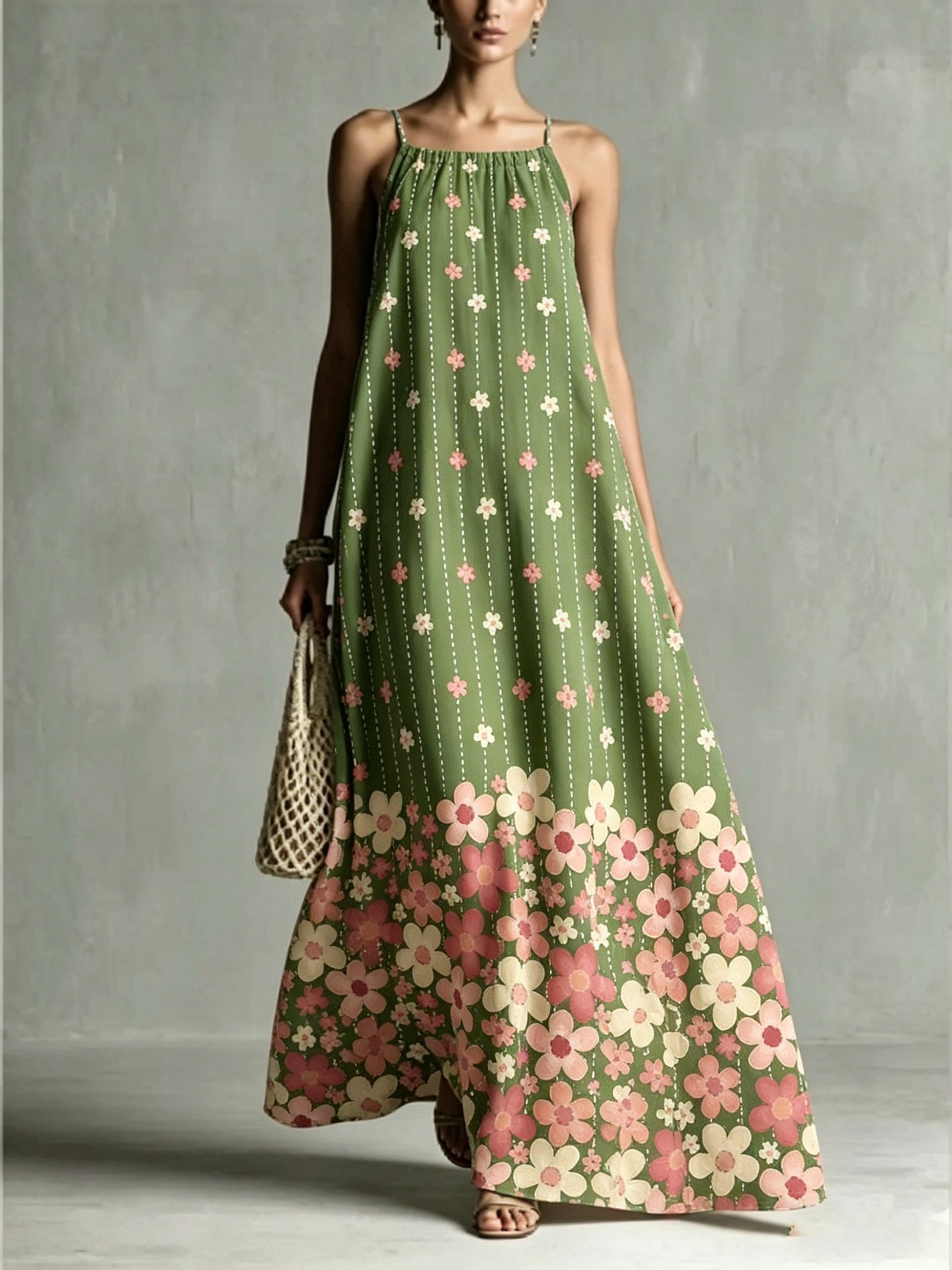 Women's Loose Romantic Print Pleated Spaghetti-Neck Maxi Dresses