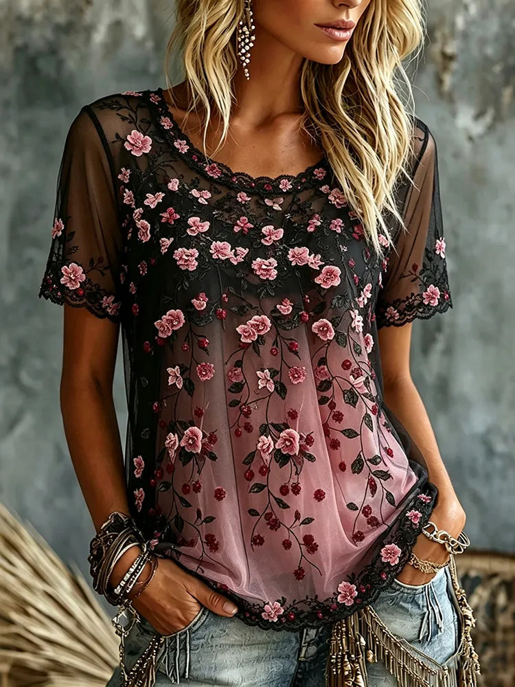 Women's Retro Floral Gradient Design Crew Neck Short Sleeve T-shirt