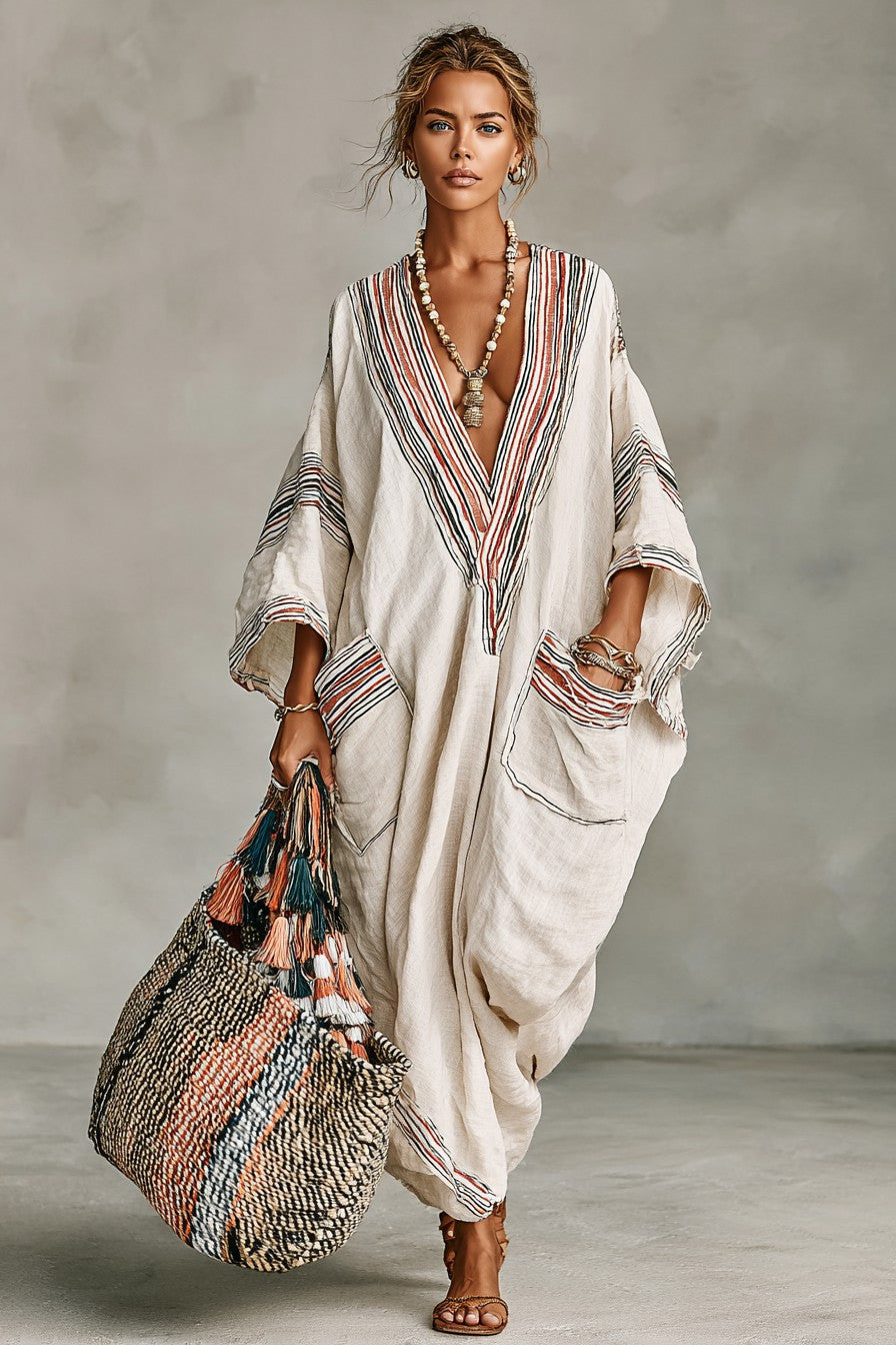 Vintage Print Long Sleeve Kaftan Dress