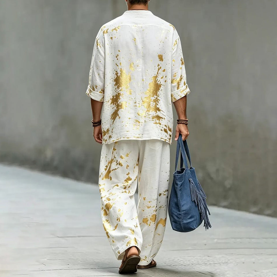 Men's Abstract Art Print Shirt And Pants Two Piece Set