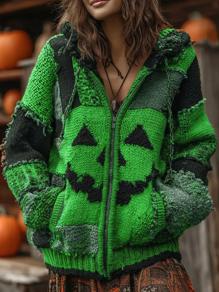 Patchwork Halloween Pumpkin Face Art Cozy Knit Hooded Cardigan