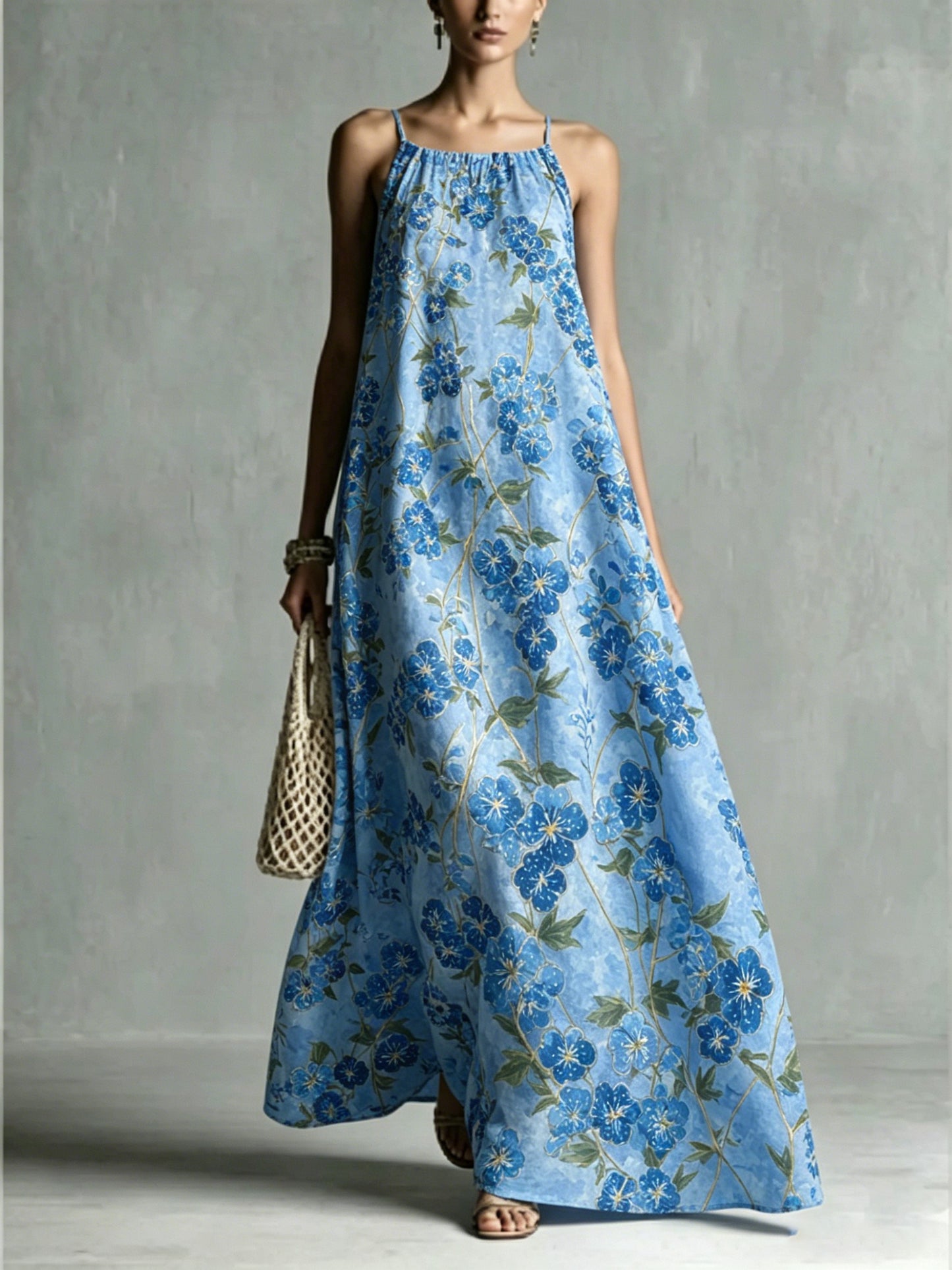 Women's Loose Romantic Print Pleated Spaghetti-Neck Maxi Dresses