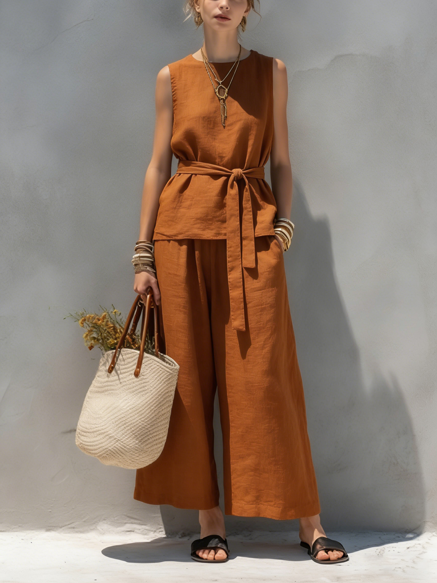 Women's Casual Summer Washed Cotton Top Pants Set