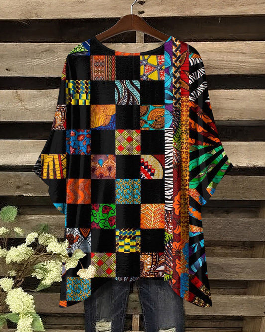 African Pattern Collage Print Round Neck Irregular Shirt