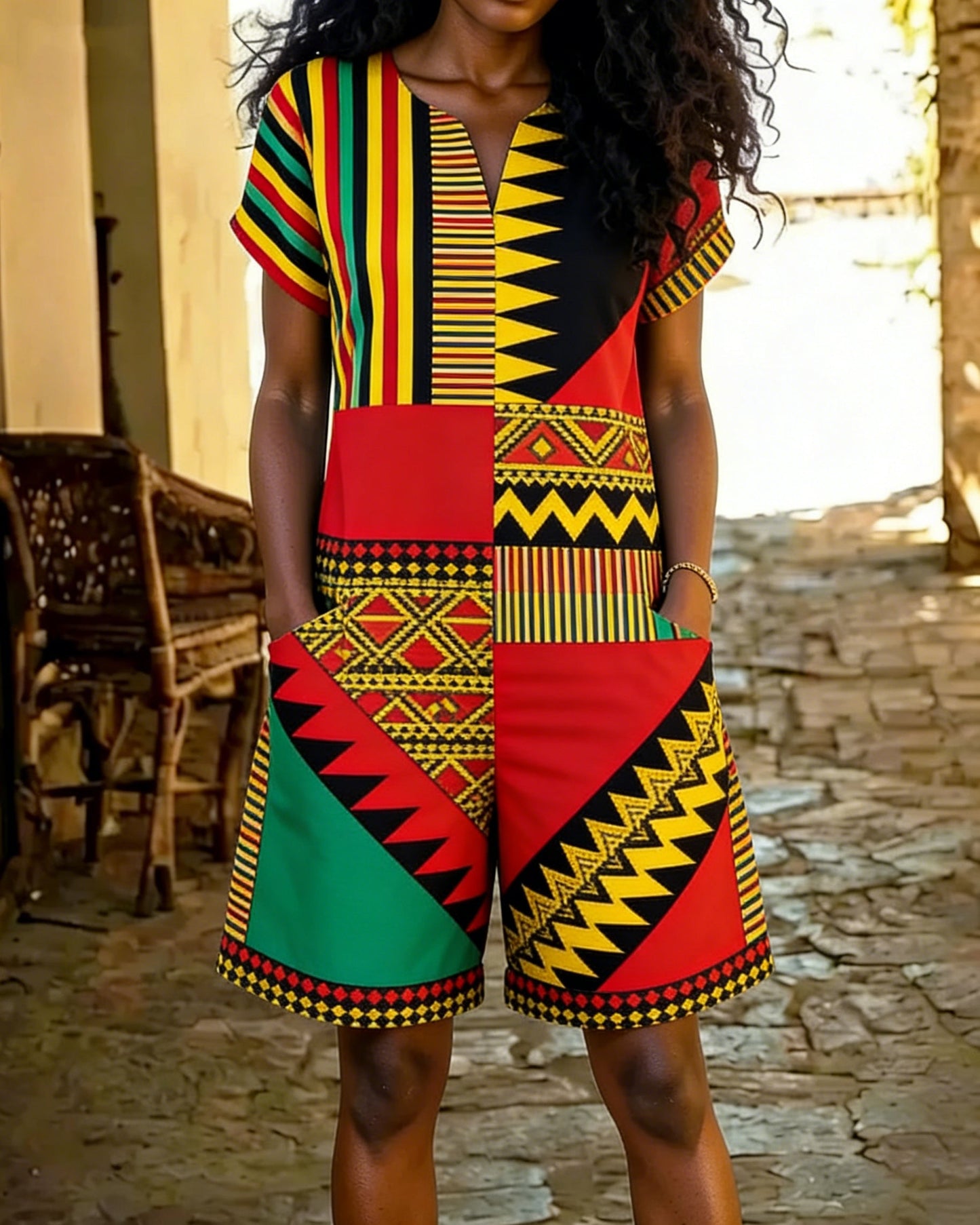 V-neck Short Jumpsuit with Pockets and Reggae Geometric Pattern