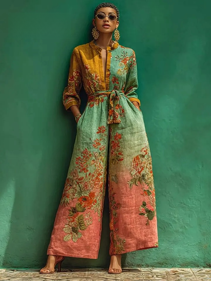 Women's spring/summer cotton and linen casual jumpsuit for vacation.
