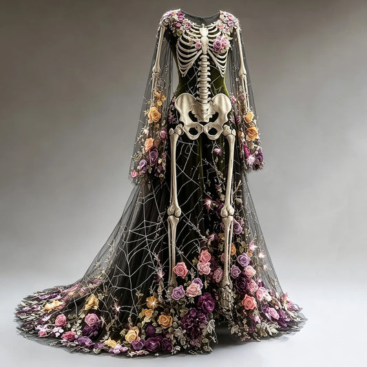 Women's Retro Gothic Skeleton And Floral Gradient Pattern Maxi Dress