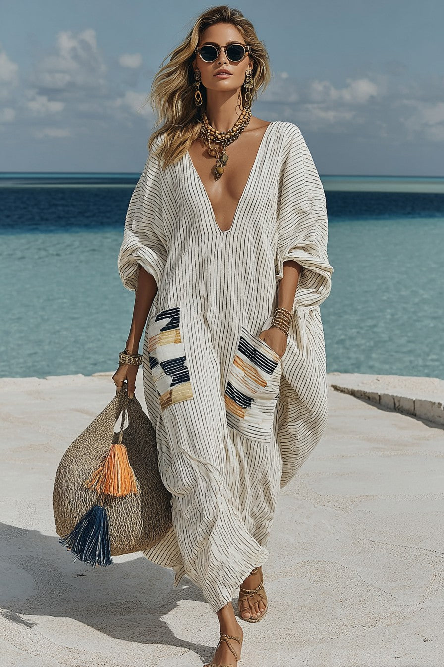 Vintage Print Long Sleeve Kaftan Dress