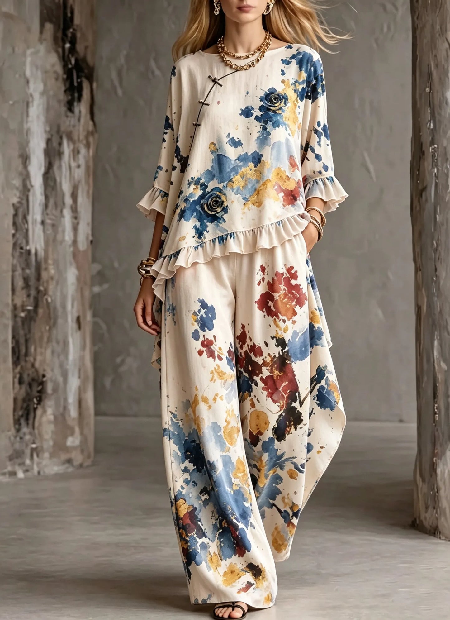 Women's Cotton Linen 3/4 Sleeve Lotus Hem Wide Leg Pants Two-Piece Set