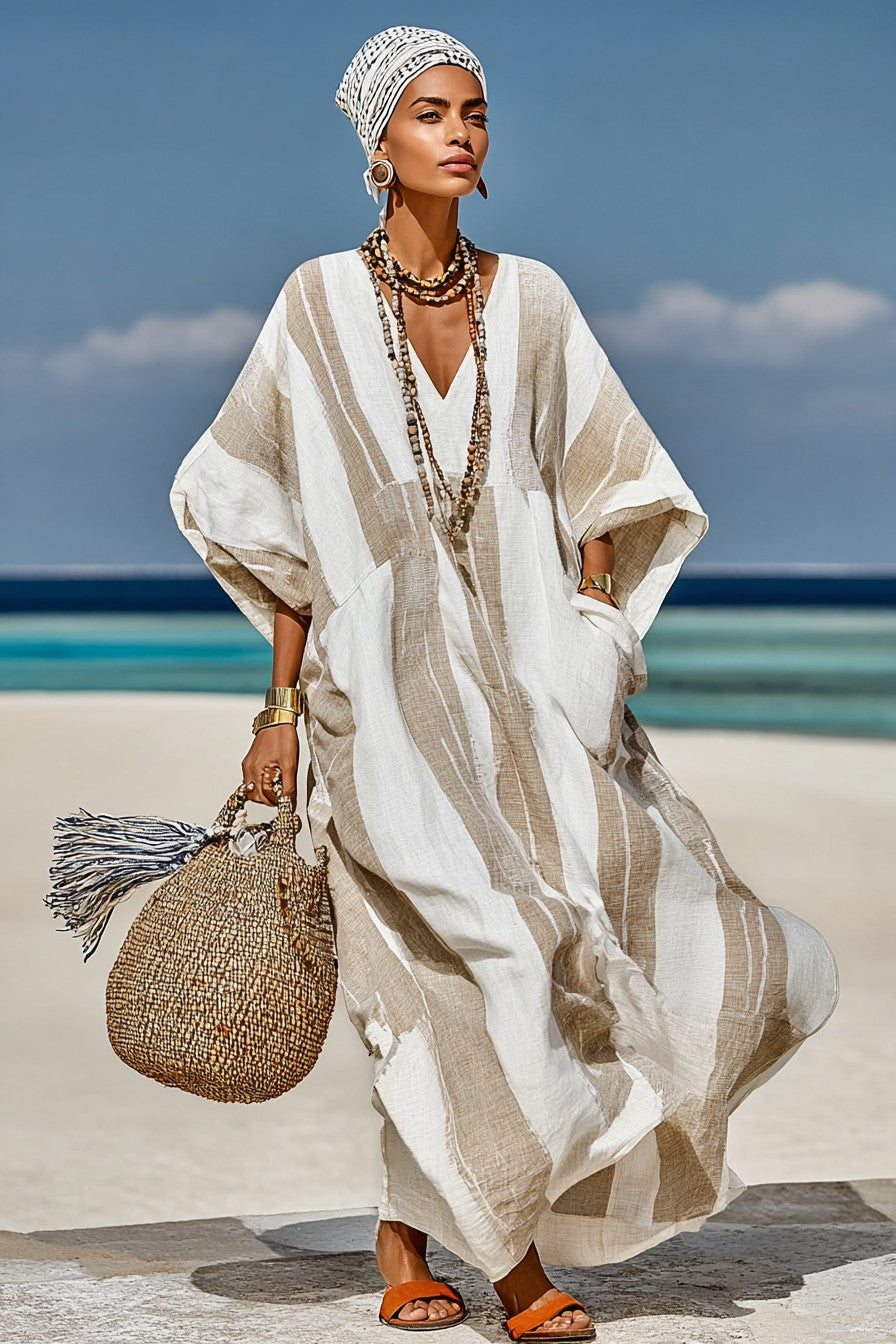 Vintage Print Long Sleeve Kaftan Dress