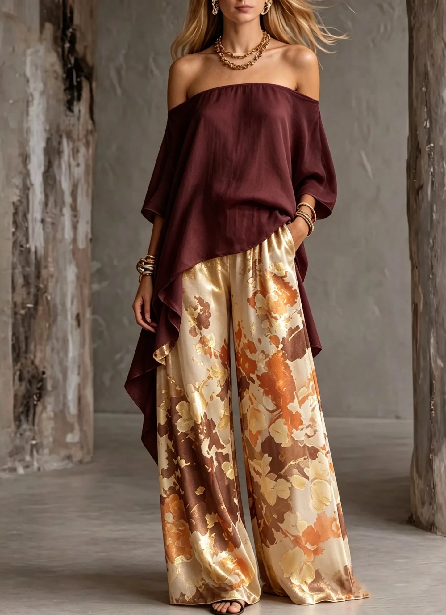 Women's Shoulder Top Abstract Printed Cotton and Linen Wide Pants Two-piece Set