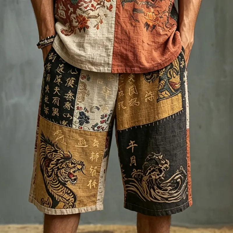 Men's Dragon Letter Color Block Print Cotton Linen V-neck Short-sleeve Shorts Two-piece Set