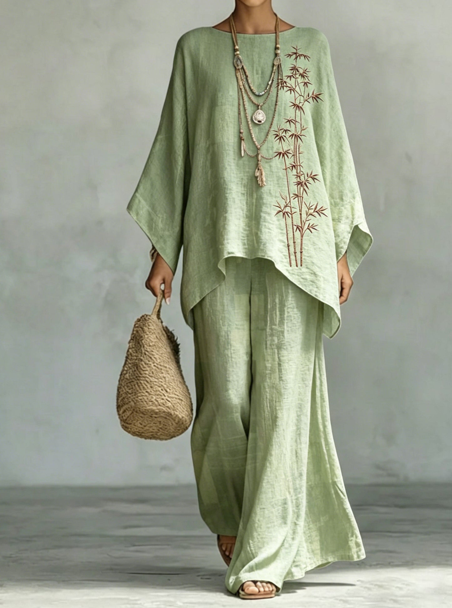 Women's Comfortable and loose print pattern cotton and linen wide-leg pants two-piece set