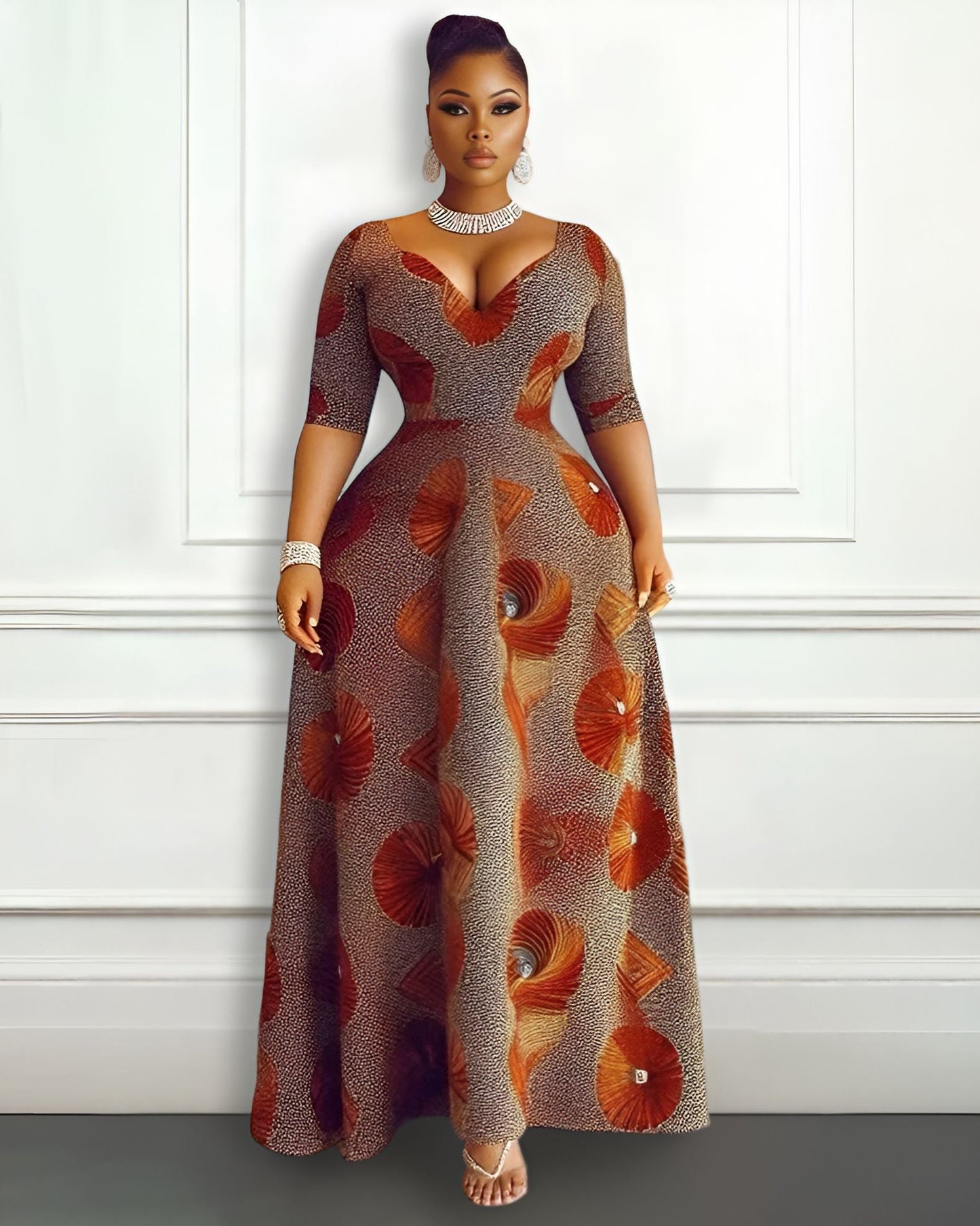 V-neck Geometric Texture Printing High Waist Dress