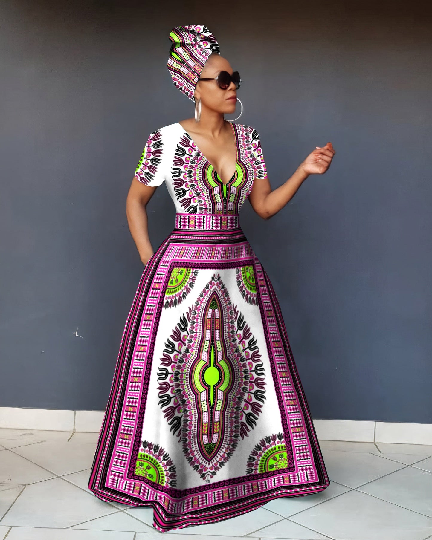 V Neck Classic African Prints Short Sleeve Maxi Dress