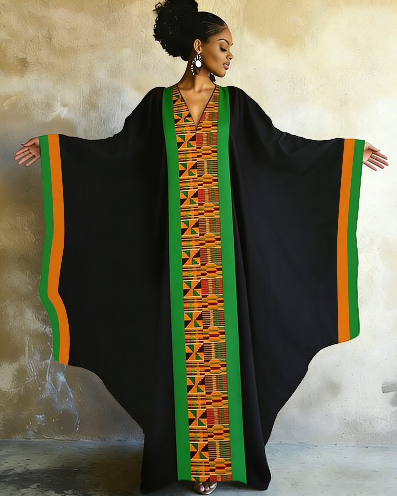 African Geometric Print V-neck Long Kaftan Dress