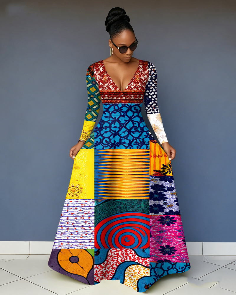 V-Neck African Tribal Inspired Textile Patter Pocket Long-Sleeved Maxi Dress