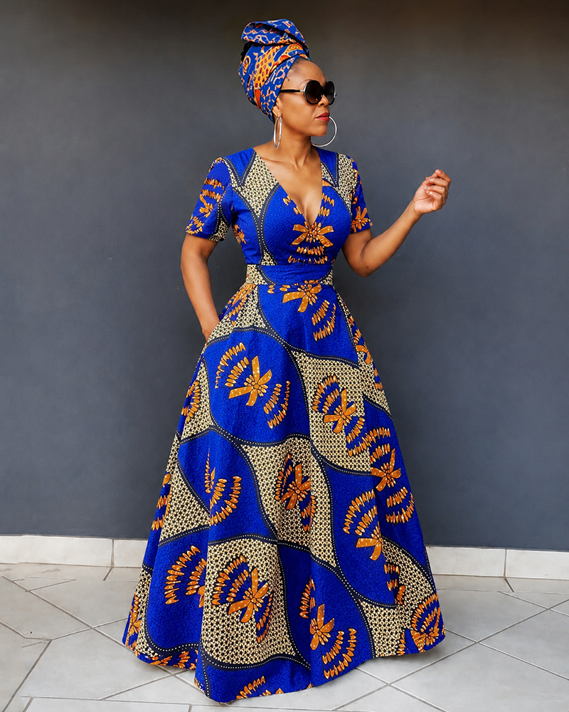 V-Neck Anraka Abstract Art Texture Print Short-Sleeved Maxi Dress