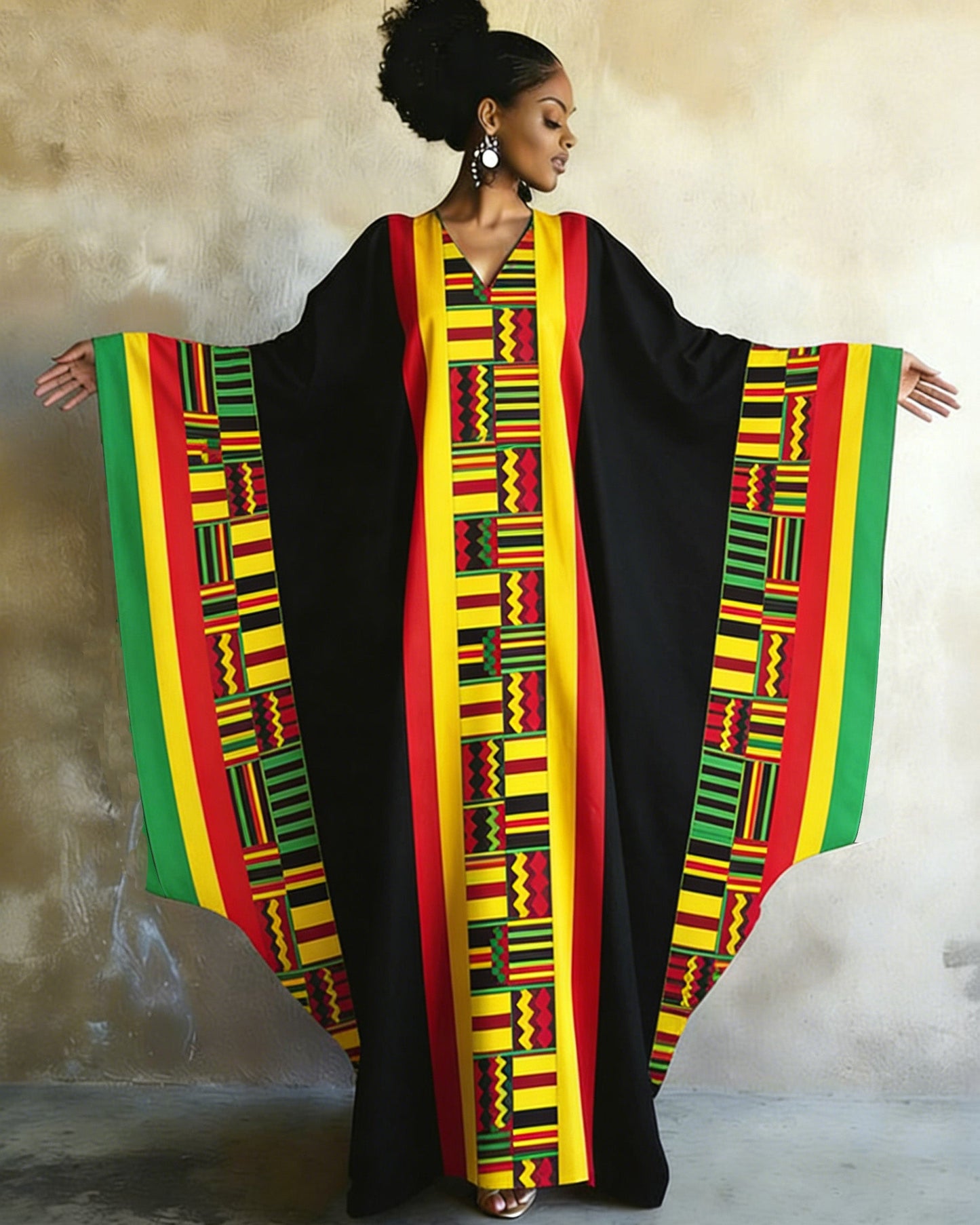 Reggae Plaid Stripe Patchwork Print V-neck Long Kaftan Dress