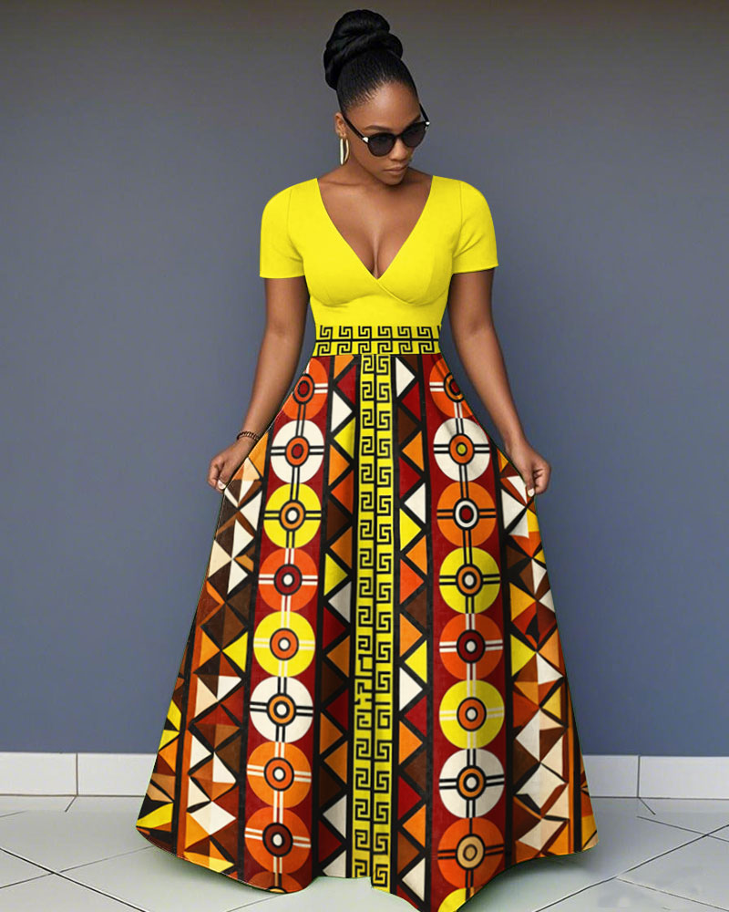 V-Neck Black Retro Geometric Pattern Patchwork Short-Sleeved Maxi Dress