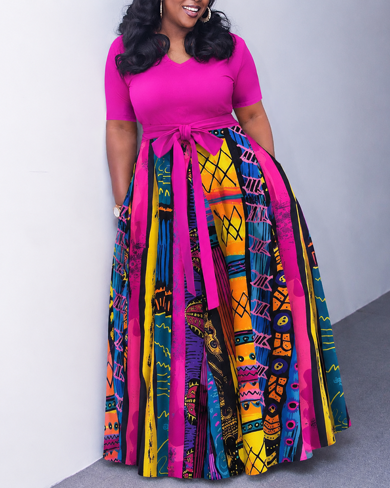 Retro Tribal Texture Patchwork Print V-Neck Tie-Strap Pocket Flared Maxi Dress
