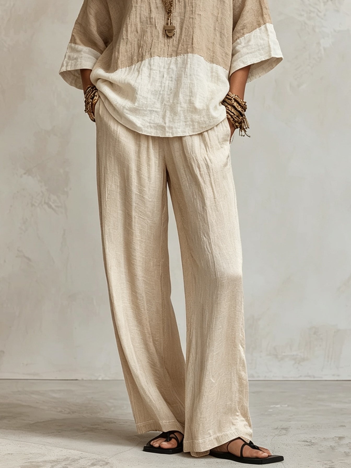 Light Khaki Color-blocked Top And Wide-leg Pants Set