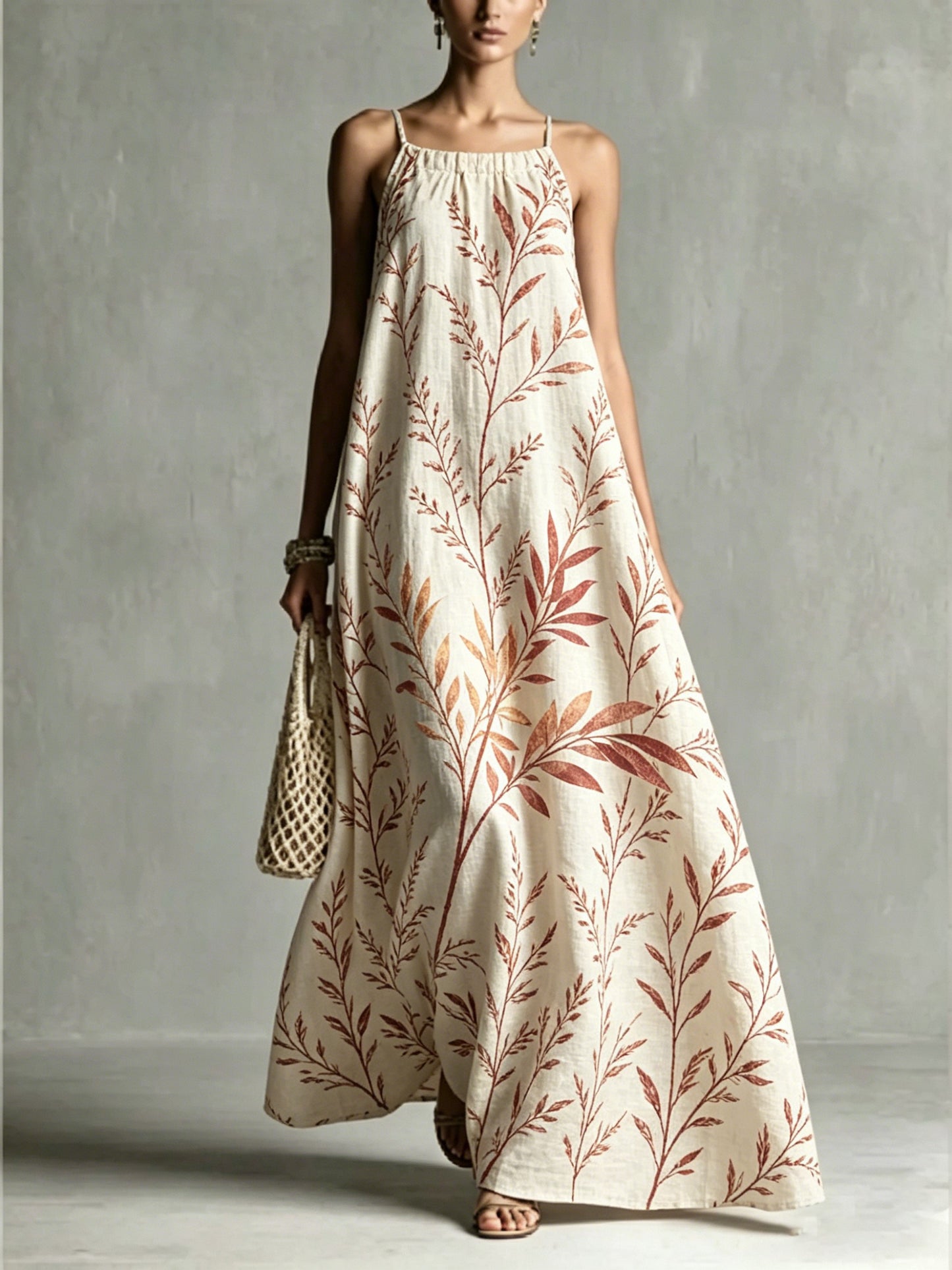 Women's Loose Romantic Print Pleated Spaghetti-Neck Maxi Dresses