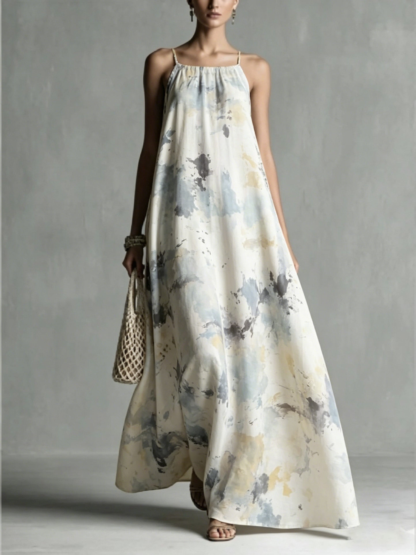 Women's Loose Romantic Print Pleated Spaghetti-Neck Maxi Dresses
