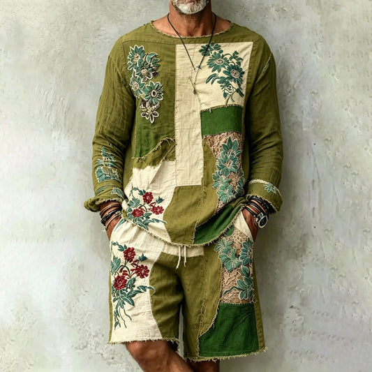 Men's Vintage Floral Patchwork Art T-shirt And Shorts Two Piece Set