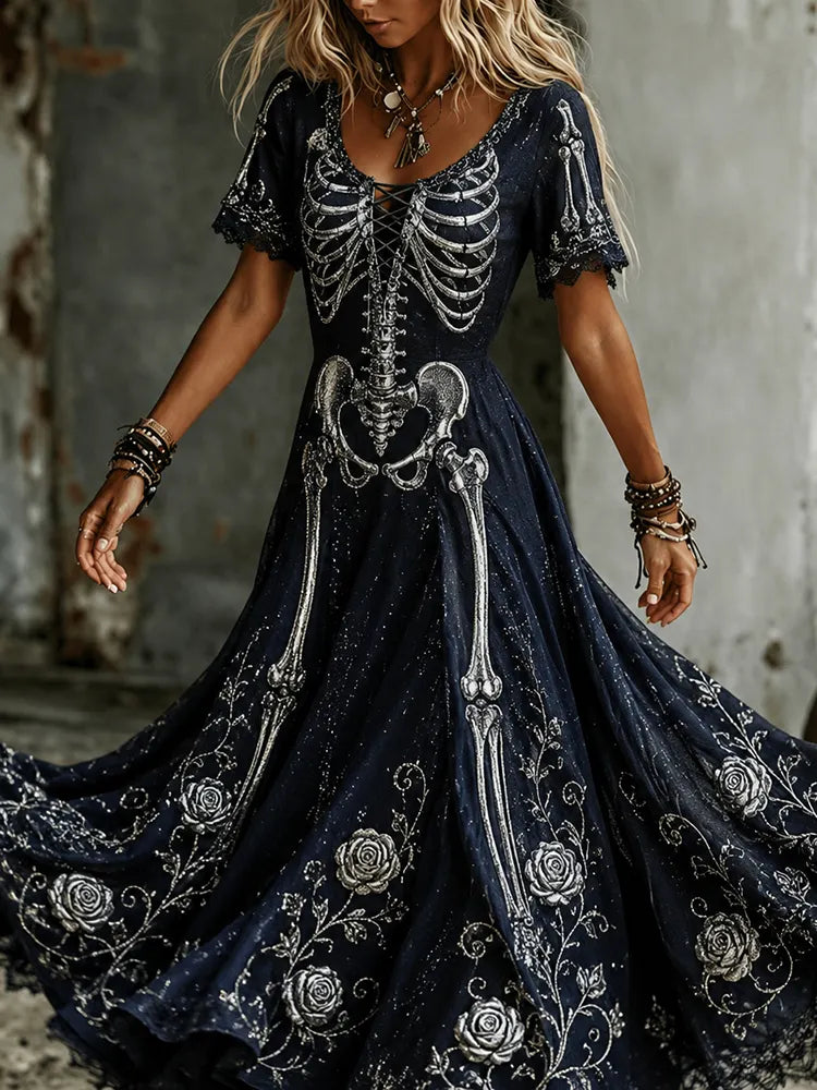 Women's Vintage Halloween Human Skeleton And Floral Embroidery Art Flowy Maxi Dress