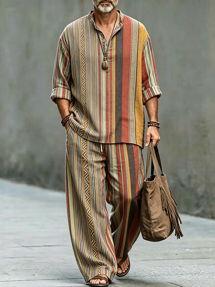 Men's Vintage Striped Print Shirt And Pants Two Piece Set