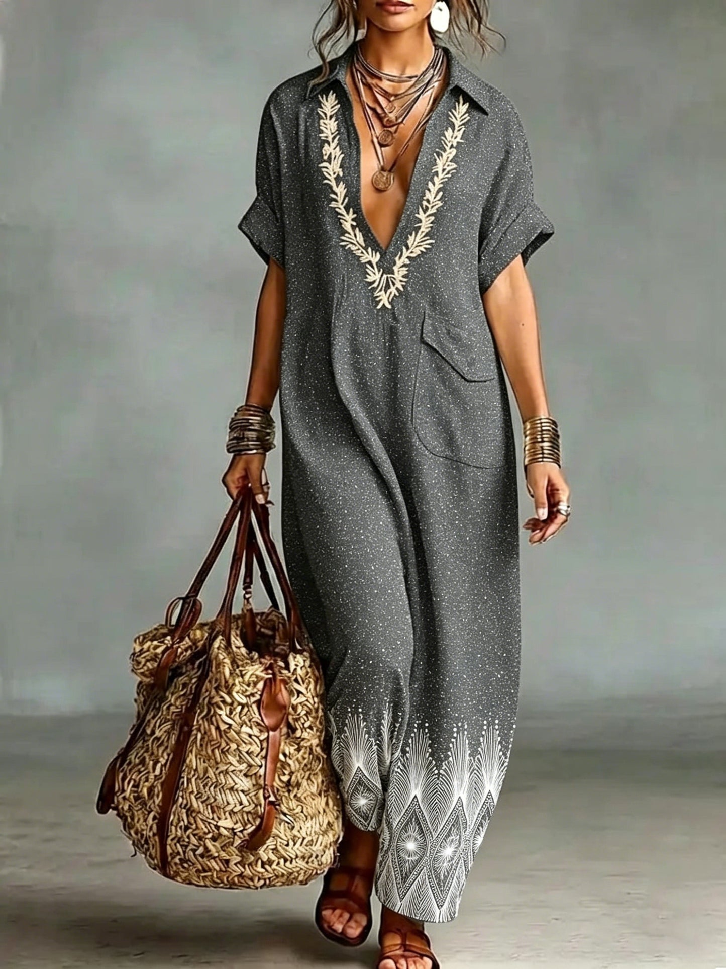 Women's Bohemian Print Embroidered V-neck Cotton And Linen Maxi Dress