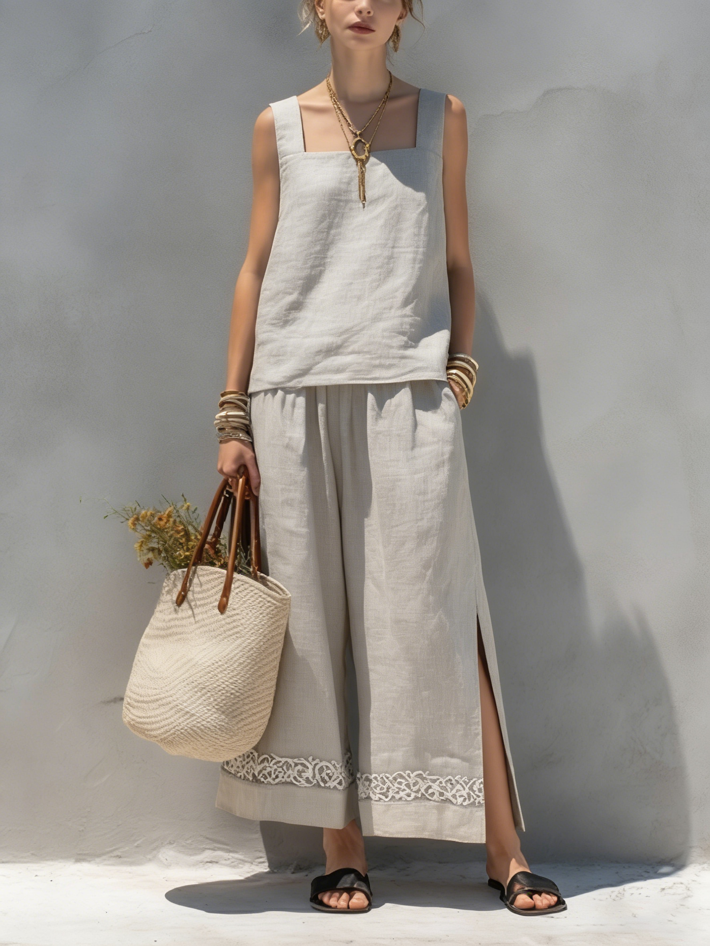 Women's Casual Summer Washed Cotton Top Pants Set