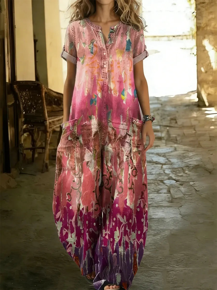Women's Retro Floral Color-Blocked Art Print Washed Cotton Denim Patchwork Jumpsuit
