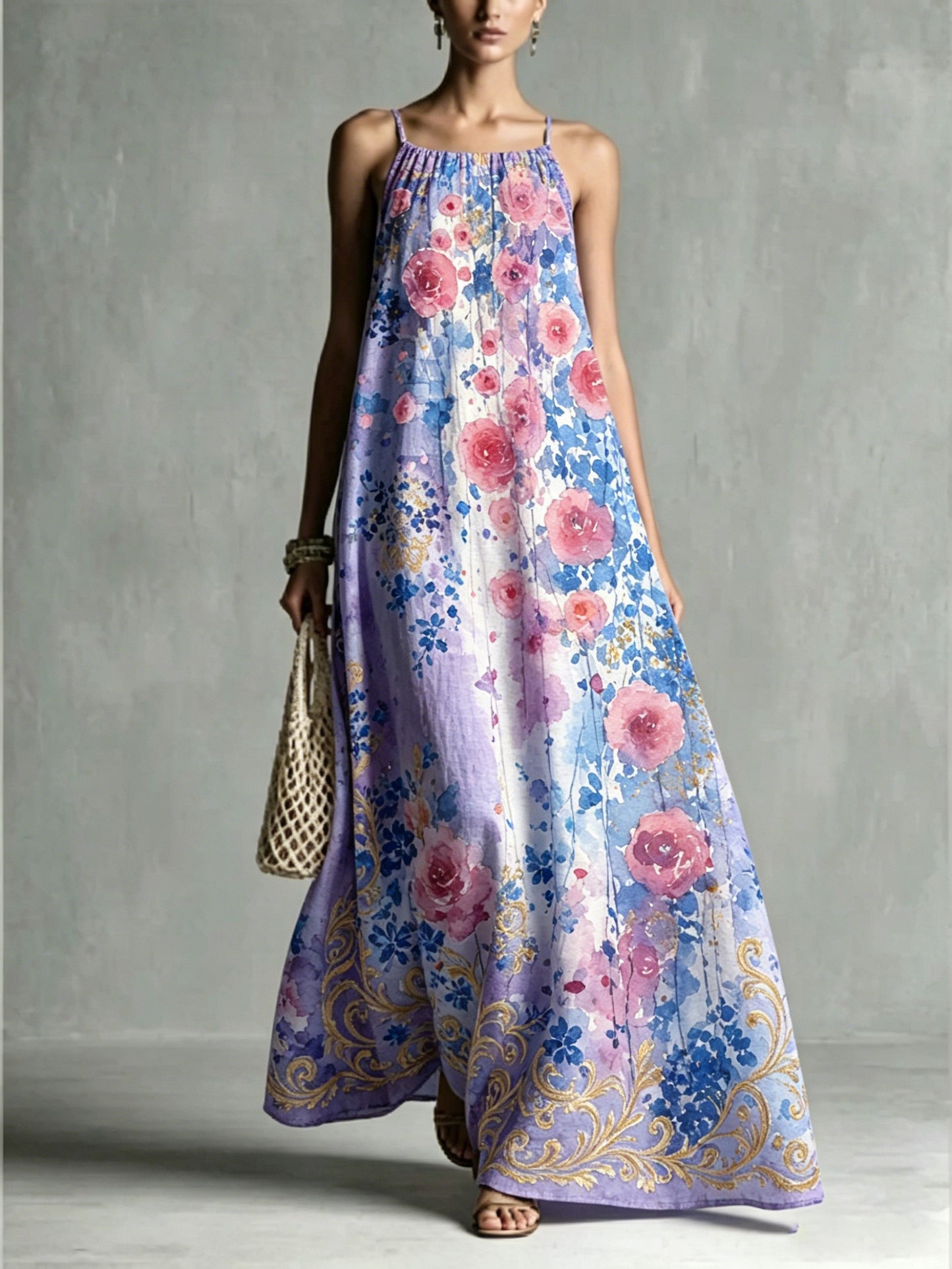 Women's Loose Romantic Print Pleated Spaghetti-Neck Maxi Dresses