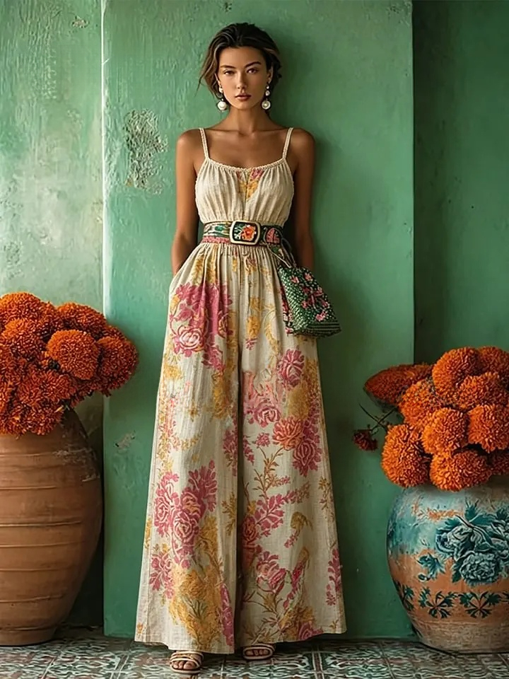 Women's spring/summer cotton and linen casual jumpsuit for vacation.