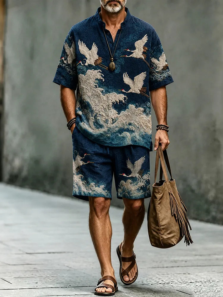 Men's Retro Japanese Wave And Crane Art Print Short Sleeve Shirt And Shorts Two Piece Set