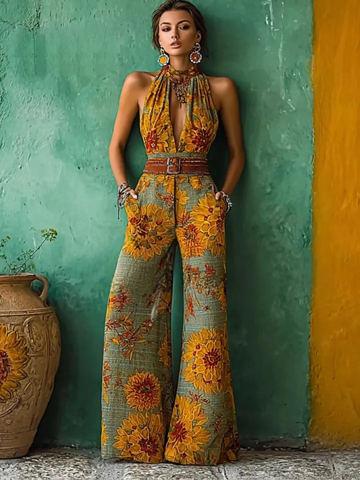 Women's spring/summer cotton and linen casual jumpsuit for vacation.
