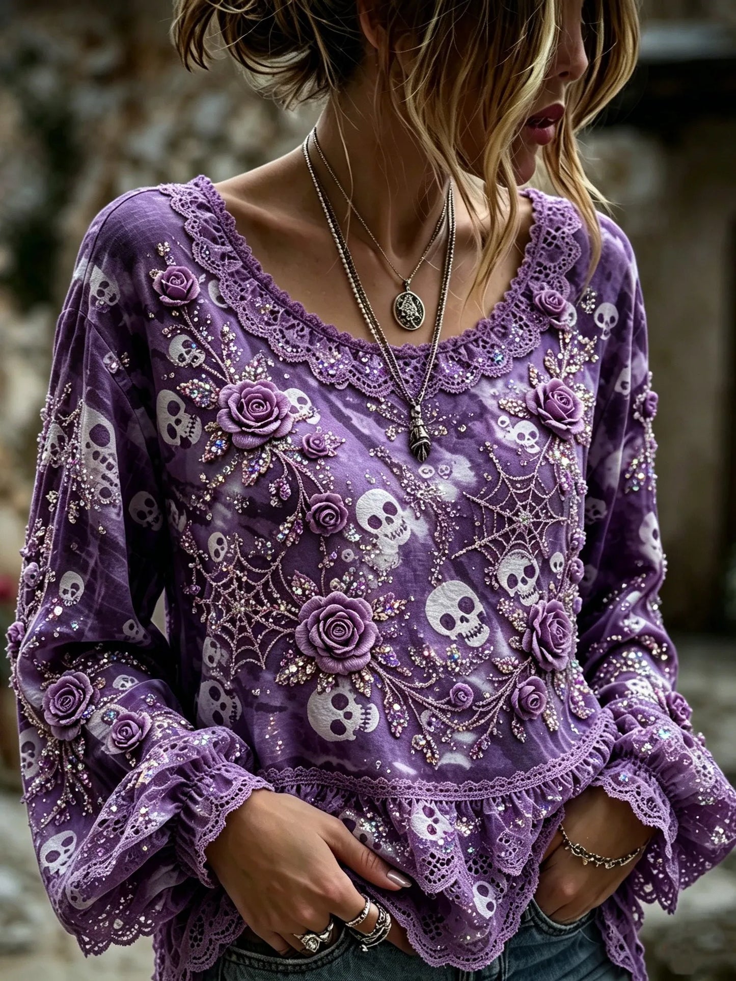 Women's Halloween Rose And Skull Print Top