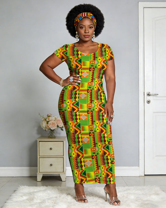 African Kent Cloth Traditional Floral Print Women's Slim-fit Round Neck Long Dress