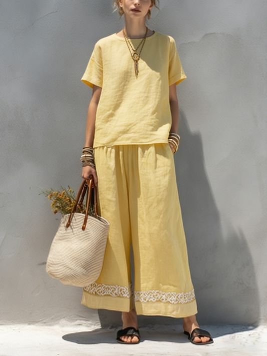 Women's Casual Summer Washed Cotton Top Pants Set