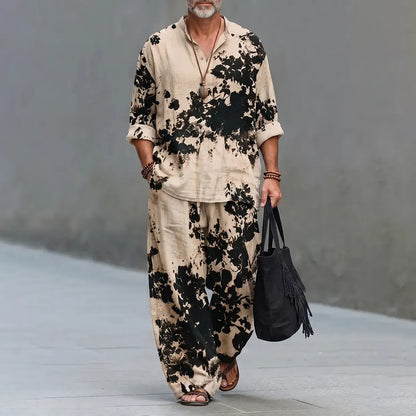 Men's Retro Abstract Floral Art Print Shirt And Pants Two Piece Set