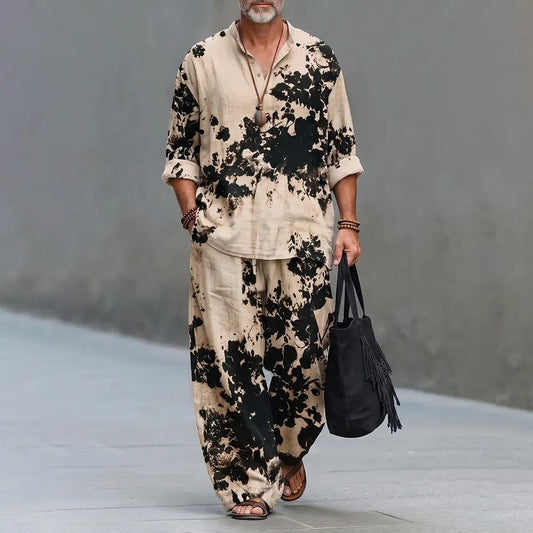 Men's Retro Abstract Floral Art Print Shirt And Pants Two Piece Set
