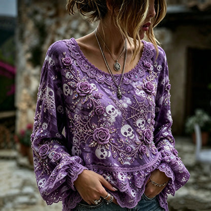 Women's Halloween Rose And Skull Print Top